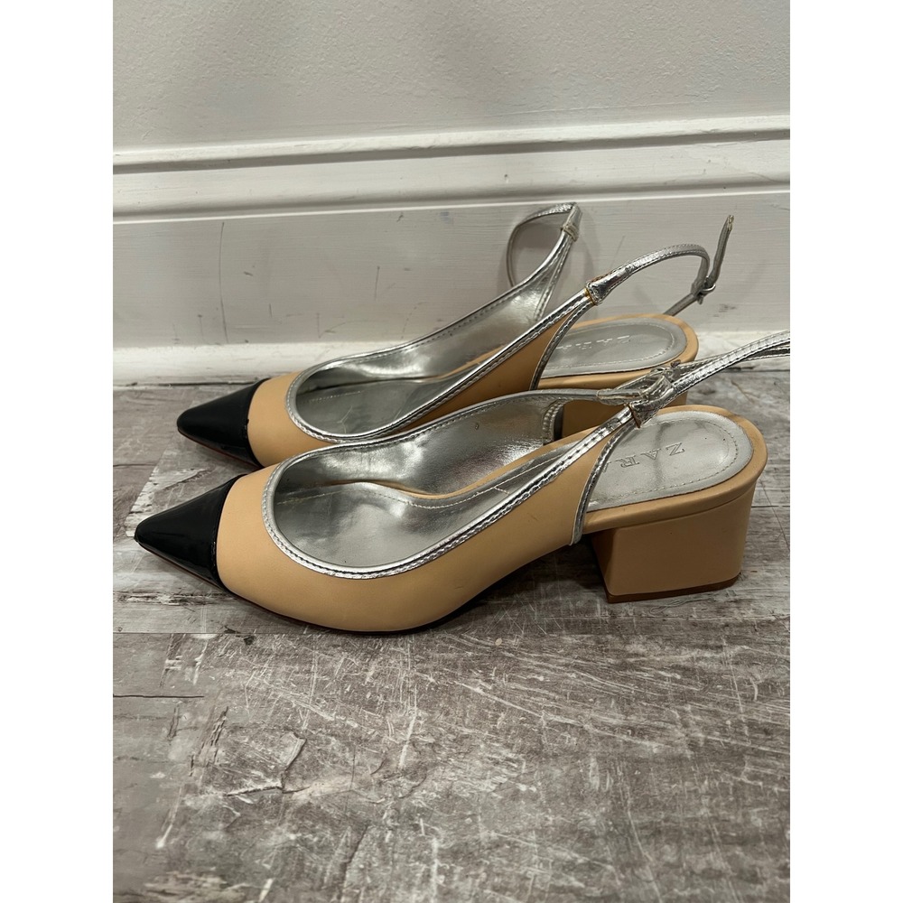 Zara Contrast Cap Toe Block Heels Womens Tan Black Silver Slingback Heels 41 US - Picture 6 of 13